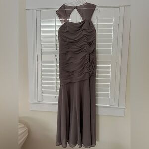 Elegant Taupe Ruched Chiffon Wedding Guest Dress